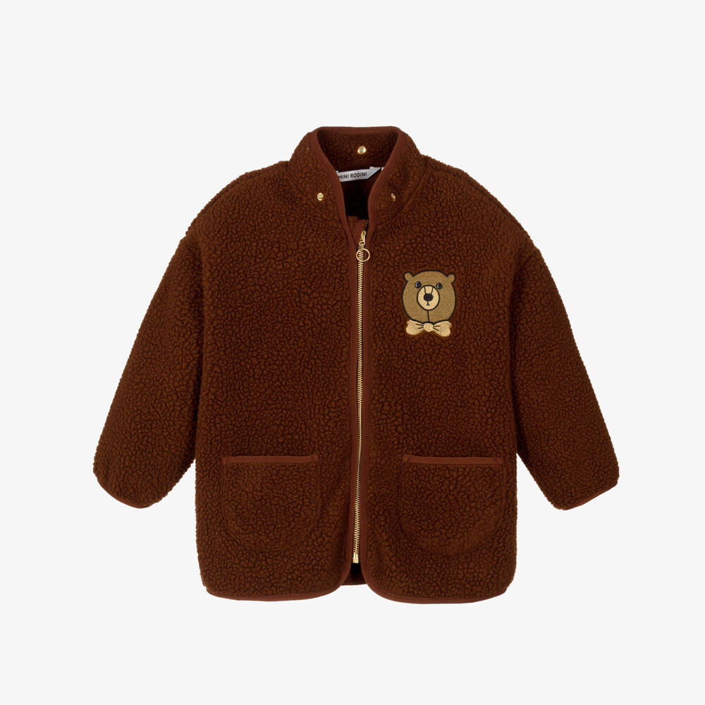 Mini Rodini-Boys Brown Sherpa Fleece Bear Zip-Up Top | Childrensalon Outlet