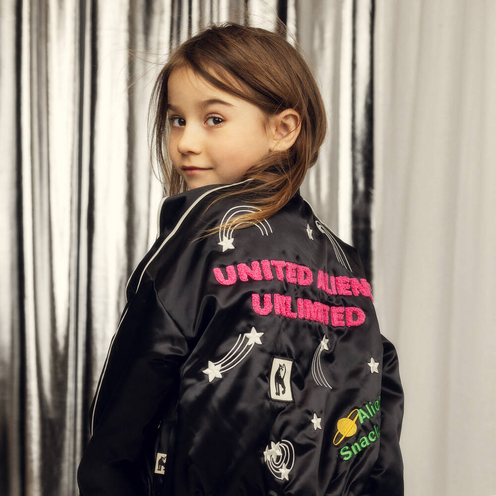 Mini Rodini-Boys & Girls Black Bomber Jacket with Space Themed Motifs | Childrensalon Outlet