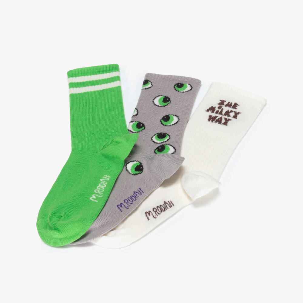 Mini Rodini-Boys Green & Grey Socks with Alien Eyes (3 Pack) | Childrensalon Outlet