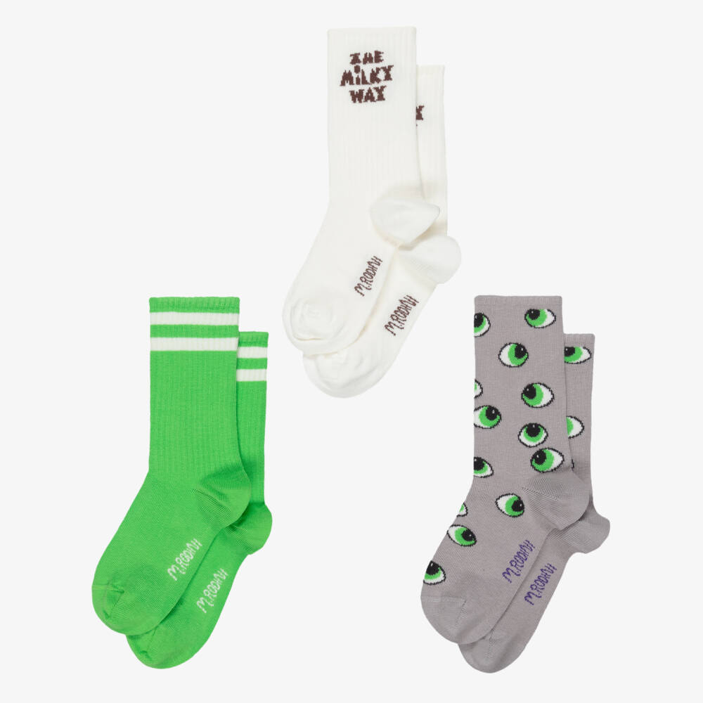 Mini Rodini-Boys Green & Grey Socks with Alien Eyes (3 Pack) | Childrensalon Outlet