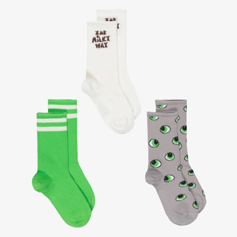 Mini Rodini-Boys Green & Grey Socks with Alien Eyes (3 Pack) | Childrensalon Outlet