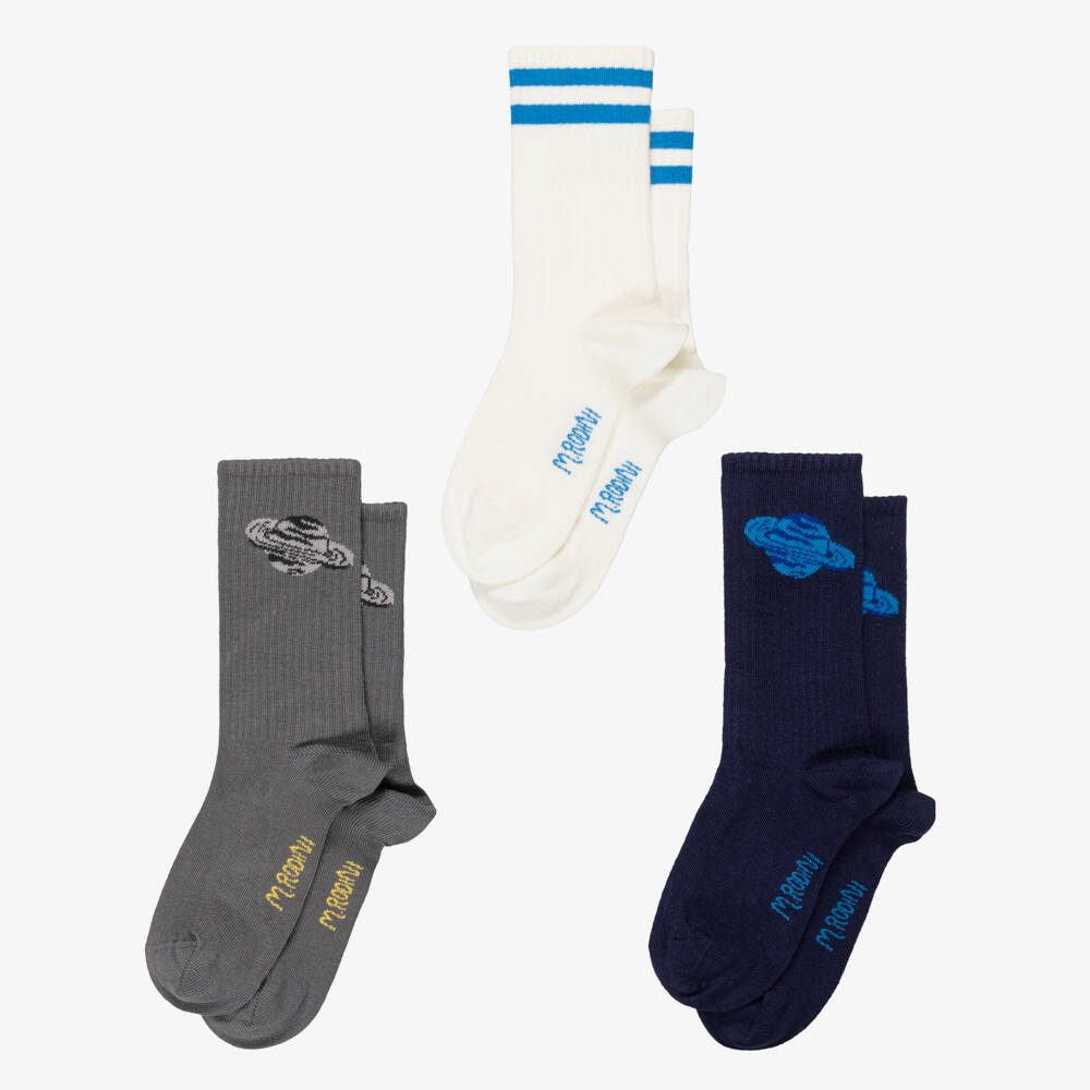 Mini Rodini-Boys Grey & Blue Galaxy-Themed Socks (3 Pack) | Childrensalon Outlet