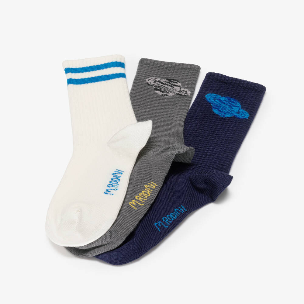 Mini Rodini-Boys Grey & Blue Galaxy-Themed Socks (3 Pack) | Childrensalon Outlet