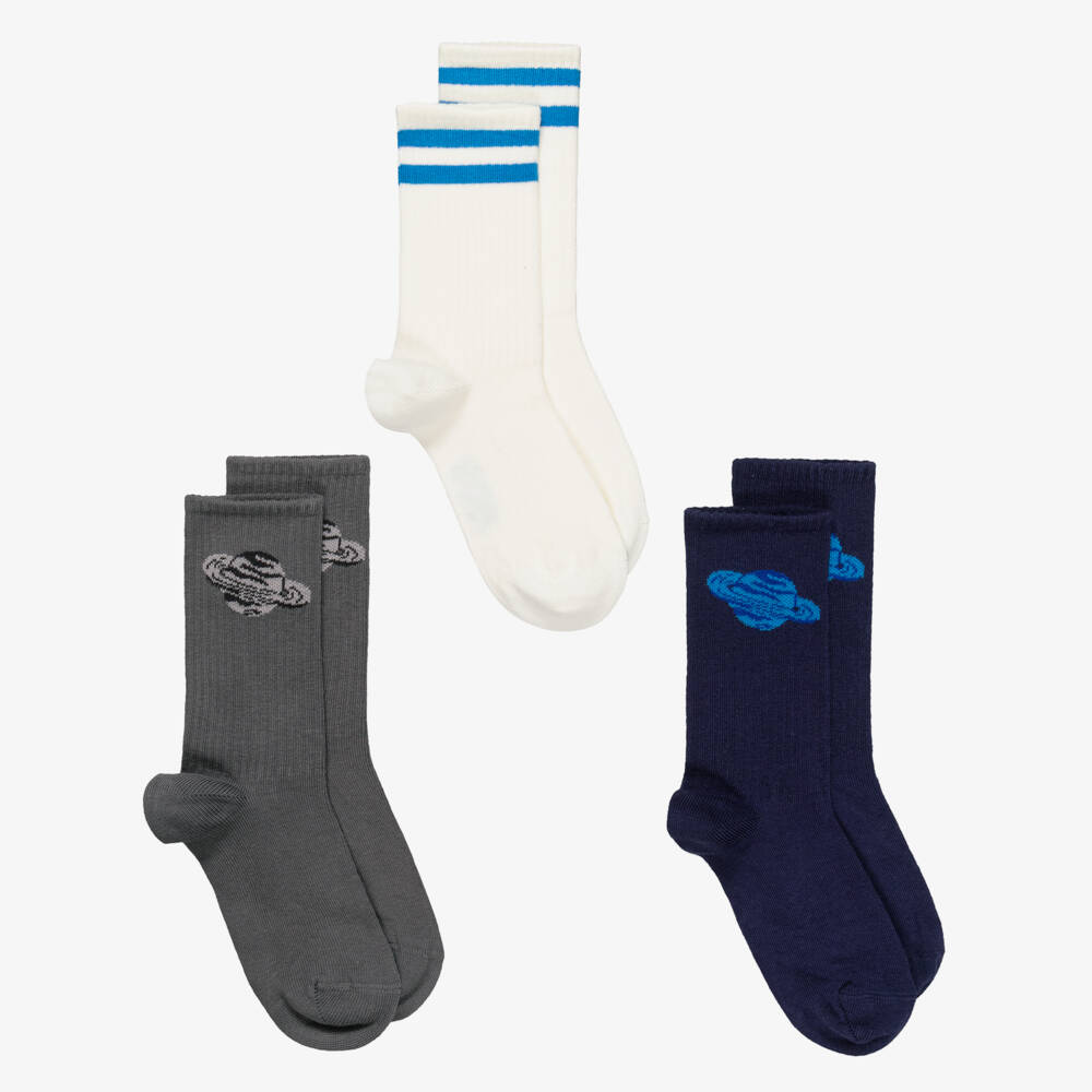 Mini Rodini-Boys Grey & Blue Galaxy-Themed Socks (3 Pack) | Childrensalon Outlet