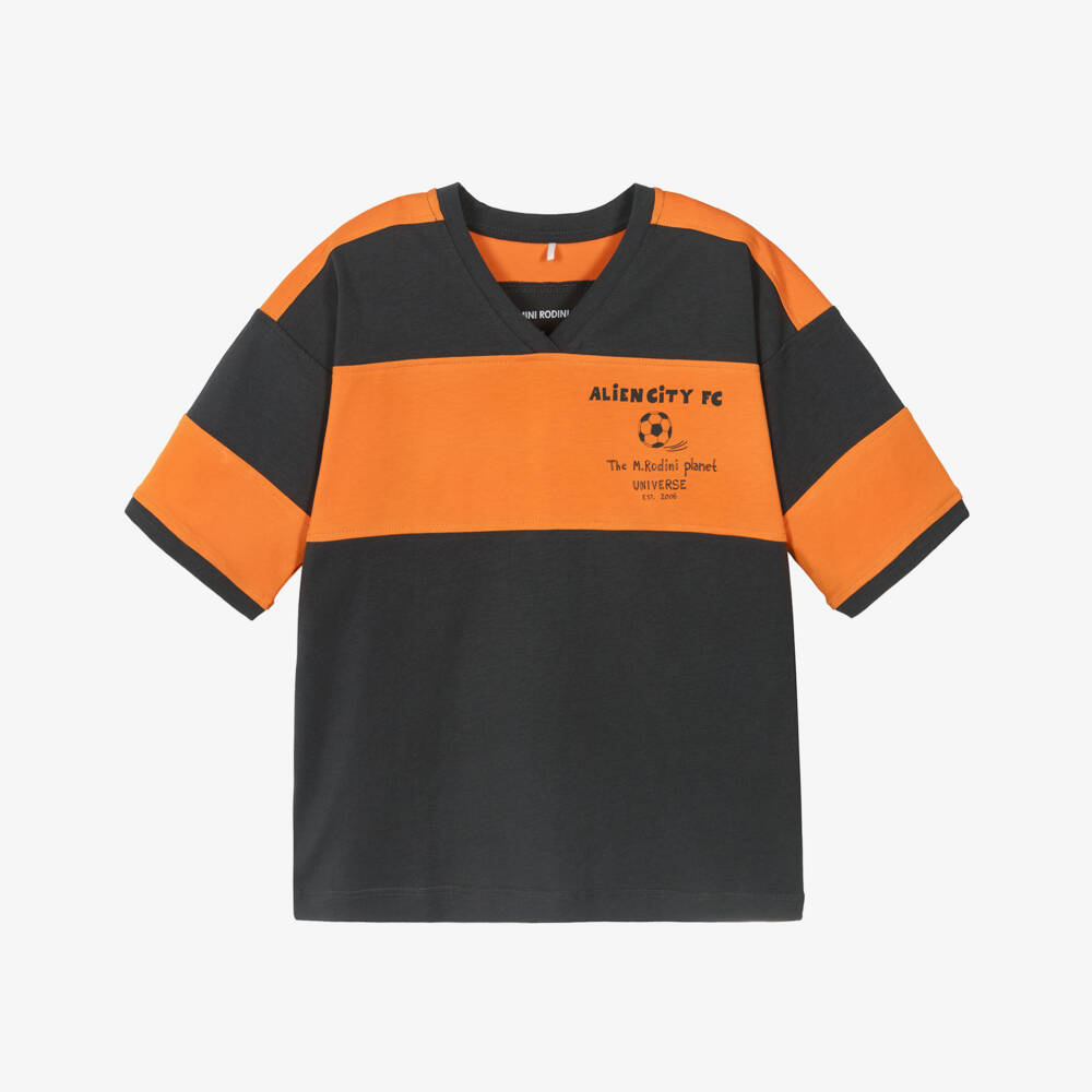 Mini Rodini-Boys Grey & Orange Football Print T-Shirt | Childrensalon Outlet