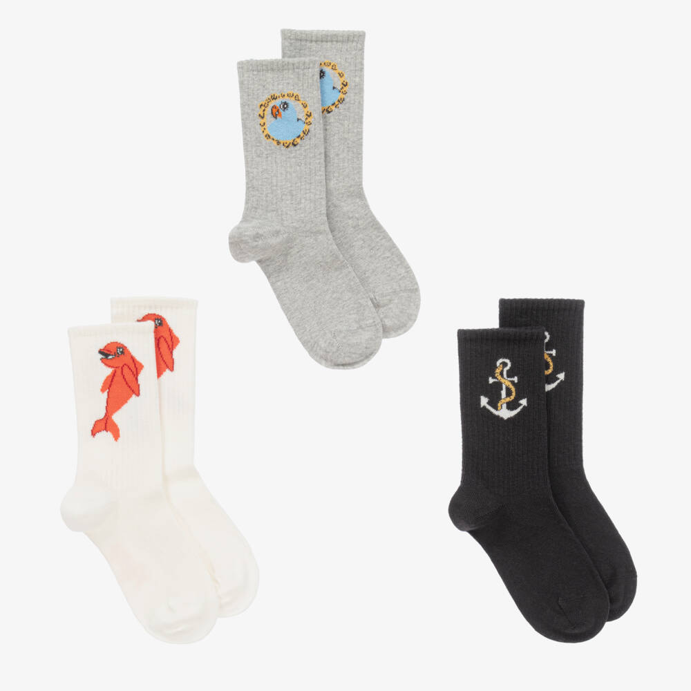 Mini Rodini-Boys Grey Patterned Sock Trio | Childrensalon Outlet