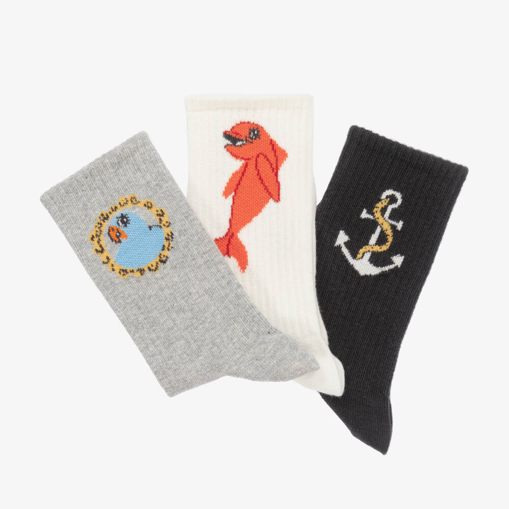 Mini Rodini-Boys Grey Patterned Sock Trio | Childrensalon Outlet