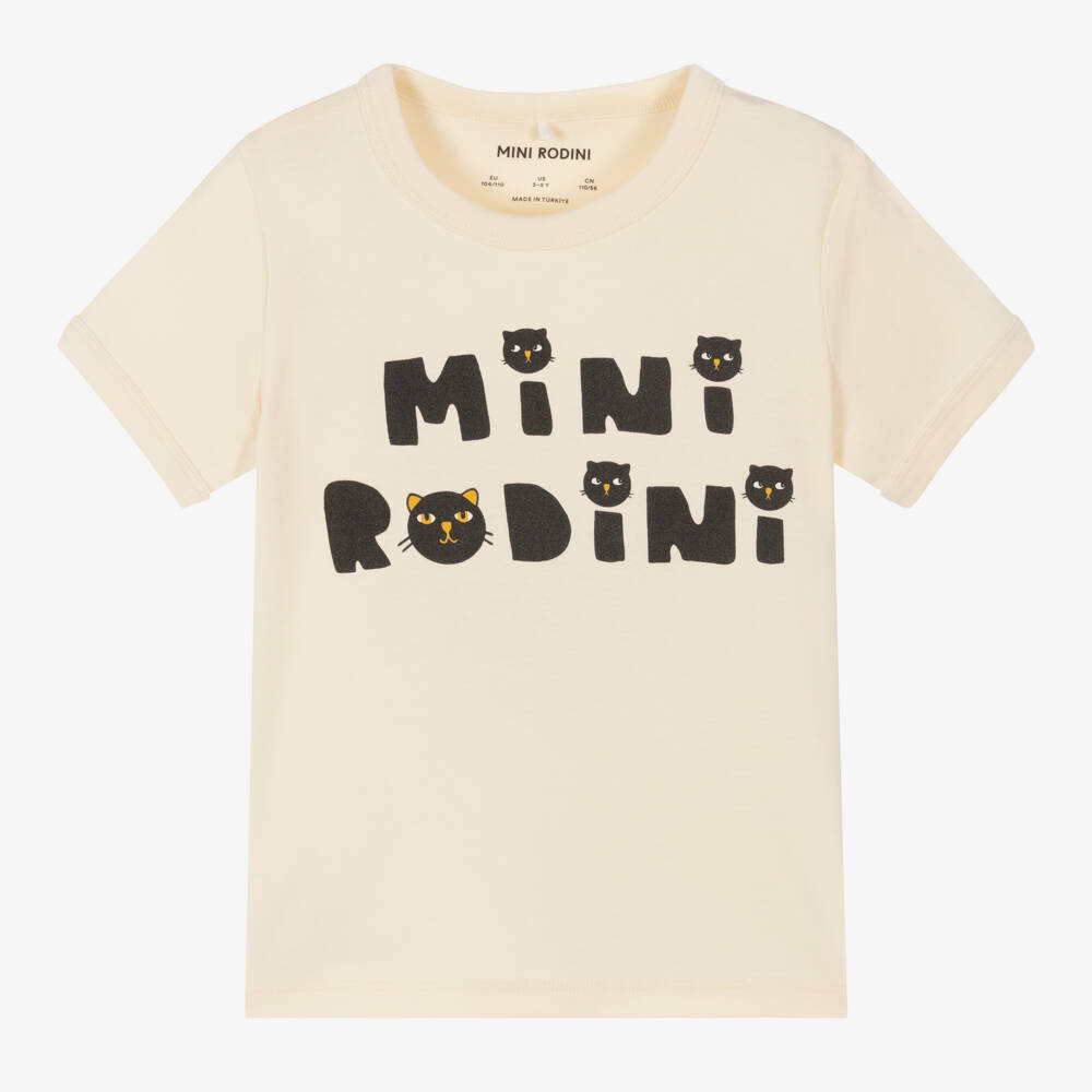 Mini Rodini-Boys Ivory Cat Print Tee | Childrensalon Outlet