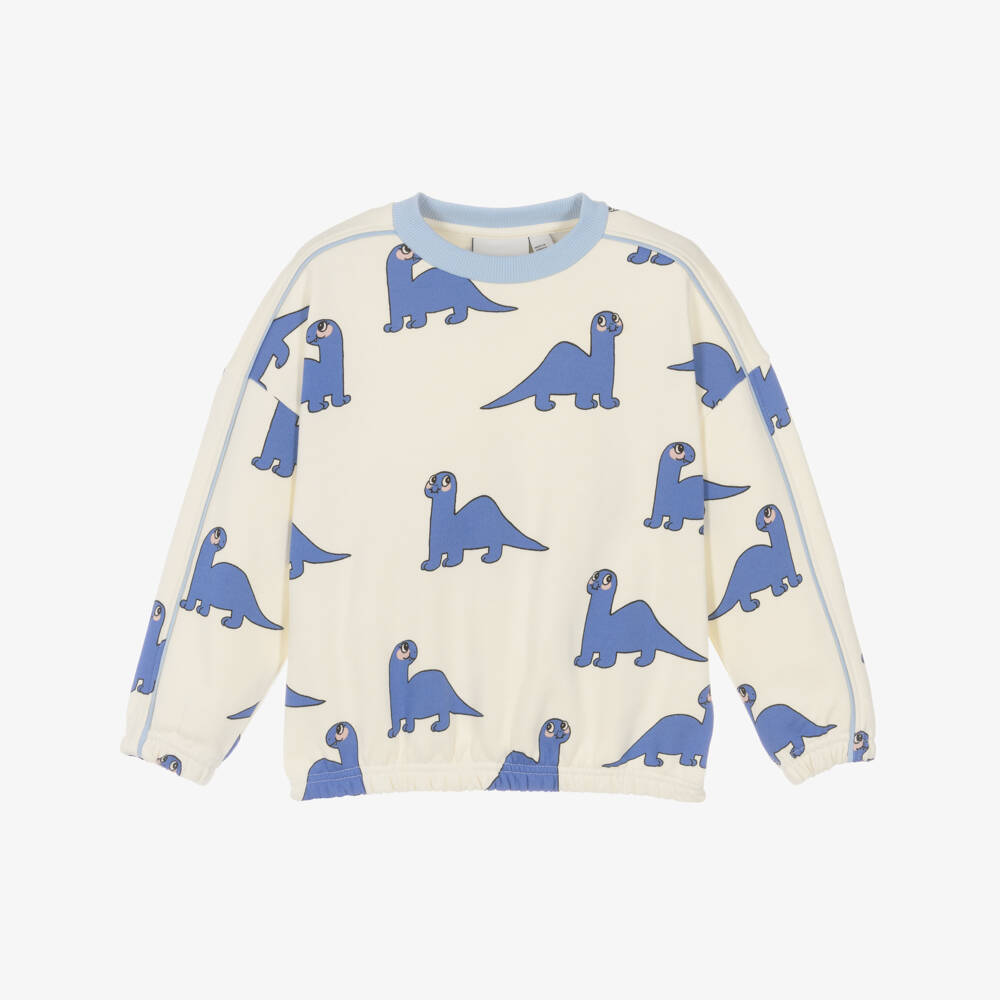 Mini Rodini-Boys Ivory Organic Cotton Sweatshirt with Blue Dino Print | Childrensalon Outlet