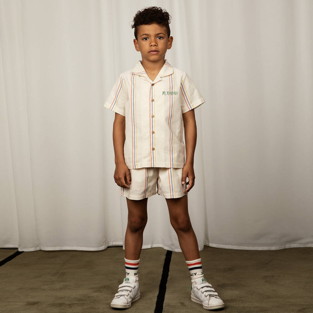 Mini Rodini-Boys Ivory Striped Cotton & Linen Shirt | Childrensalon Outlet