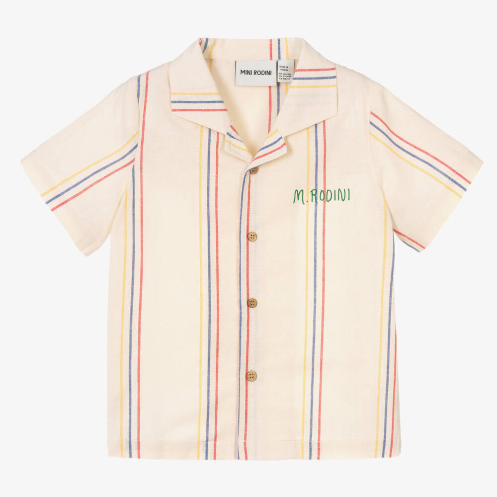 Mini Rodini-Boys Ivory Striped Cotton & Linen Shirt | Childrensalon Outlet