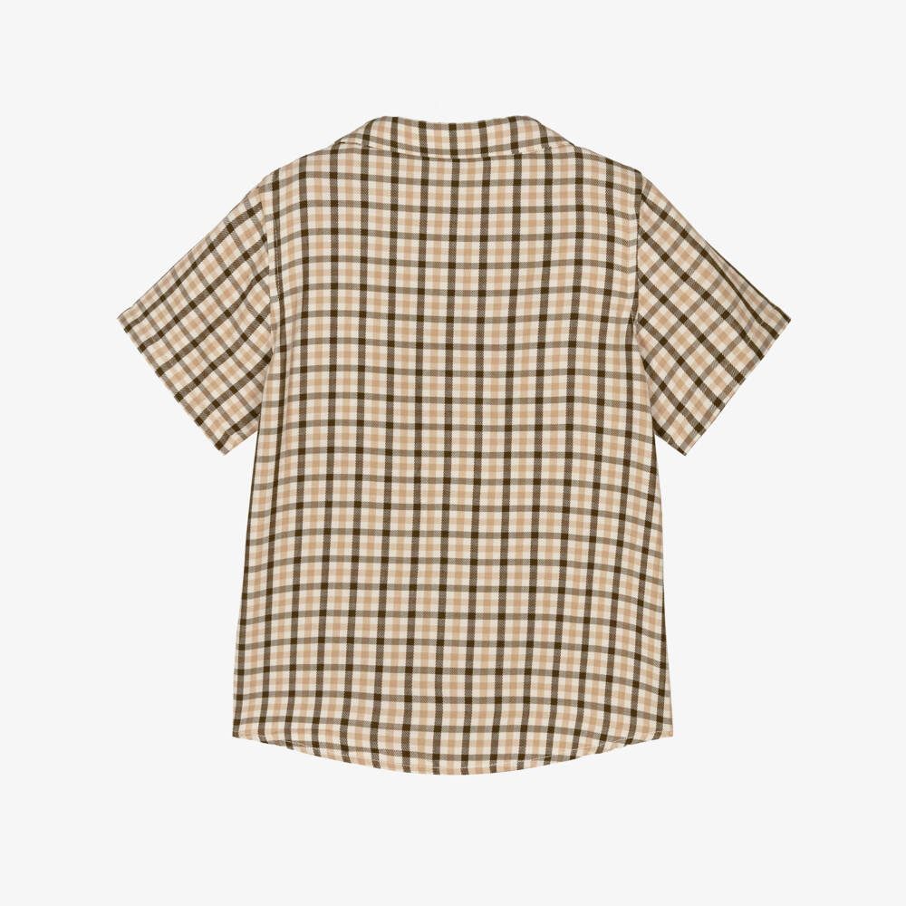 Mini Rodini-Boys Khaki Plaid Pup Print Shirt | Childrensalon Outlet