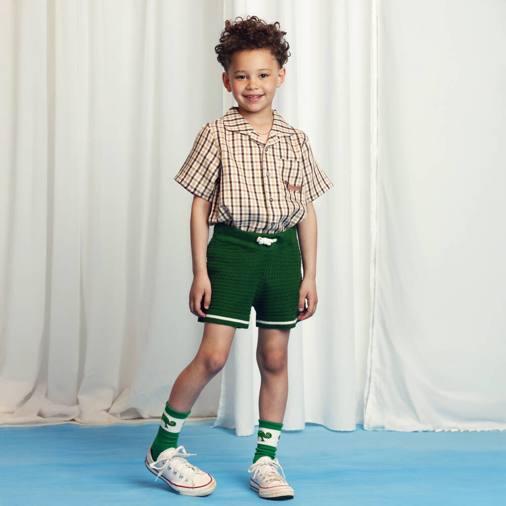 Mini Rodini-Boys Khaki Plaid Pup Print Shirt | Childrensalon Outlet