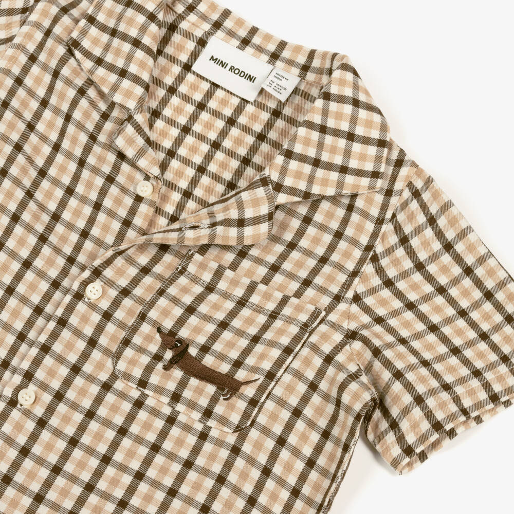 Mini Rodini-Boys Khaki Plaid Pup Print Shirt | Childrensalon Outlet