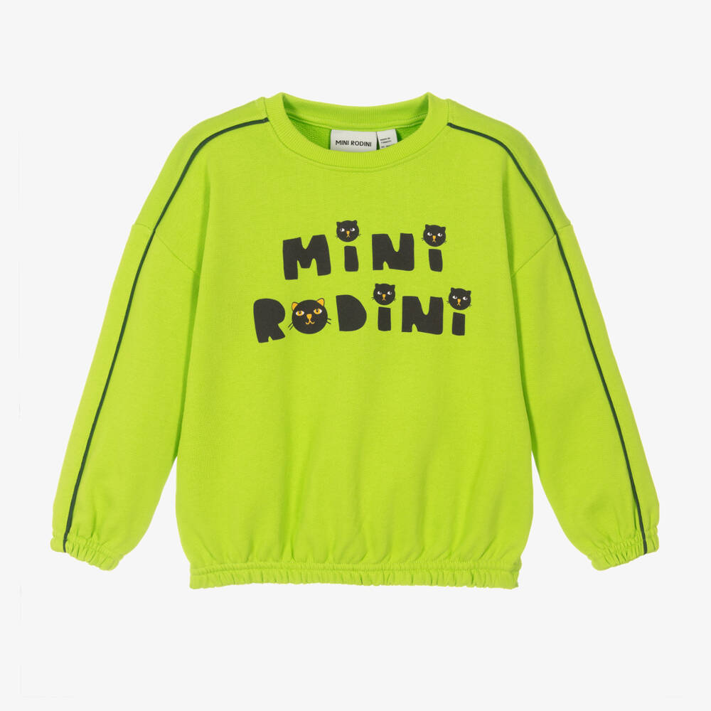 Mini Rodini-Boys Lime Cat Motif Pullover | Childrensalon Outlet