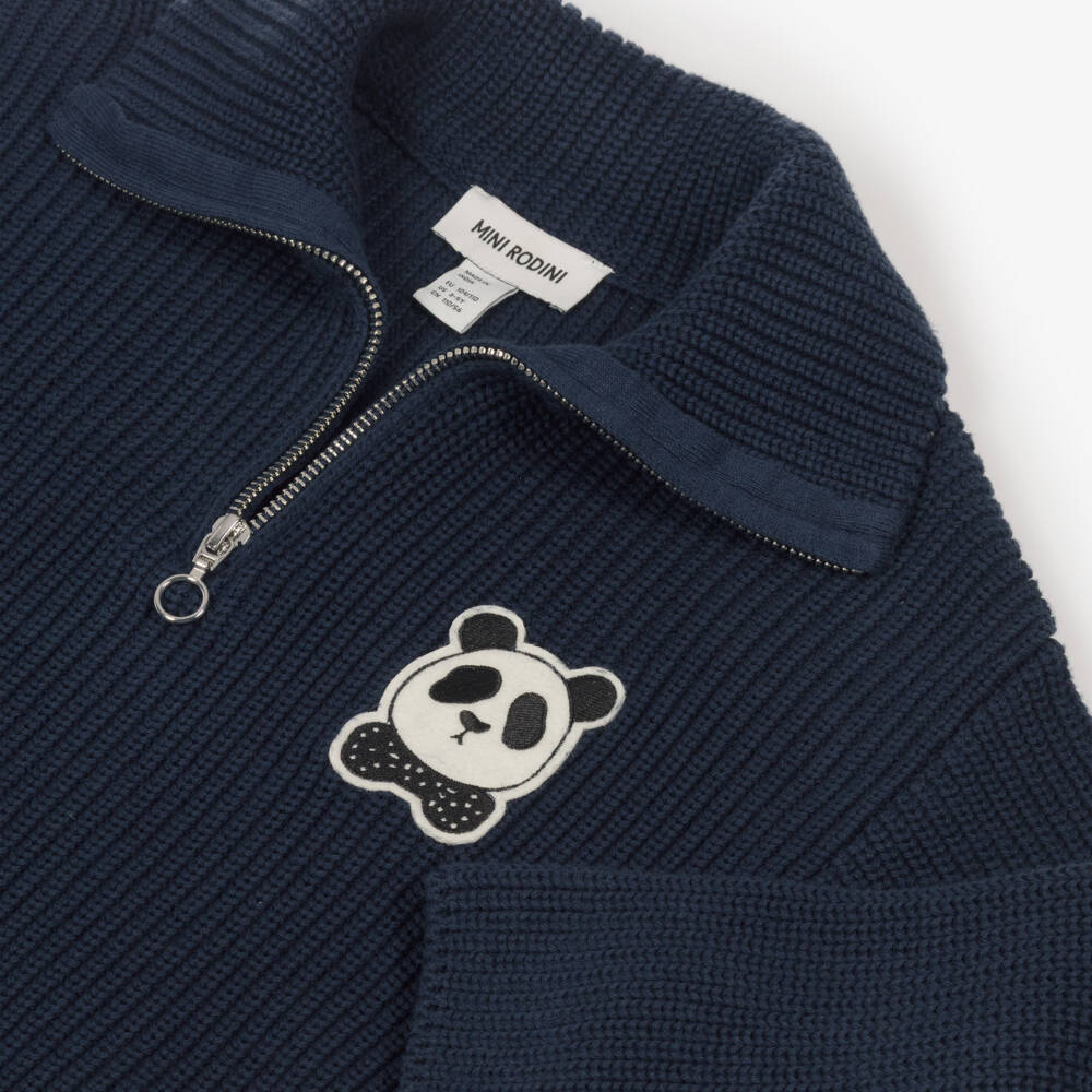 Mini Rodini-Boys Navy Blue Knit Quarter-Zip Sweater with Panda Badge | Childrensalon Outlet