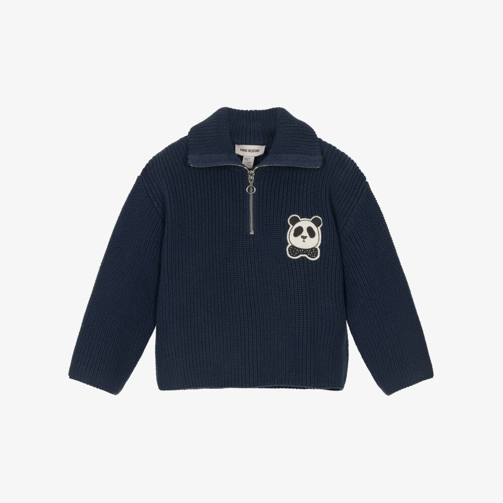 Mini Rodini-Boys Navy Blue Knit Quarter-Zip Sweater with Panda Badge | Childrensalon Outlet