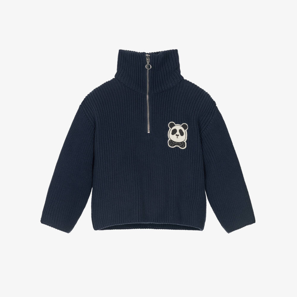 Mini Rodini-Boys Navy Blue Knit Quarter-Zip Sweater with Panda Badge | Childrensalon Outlet