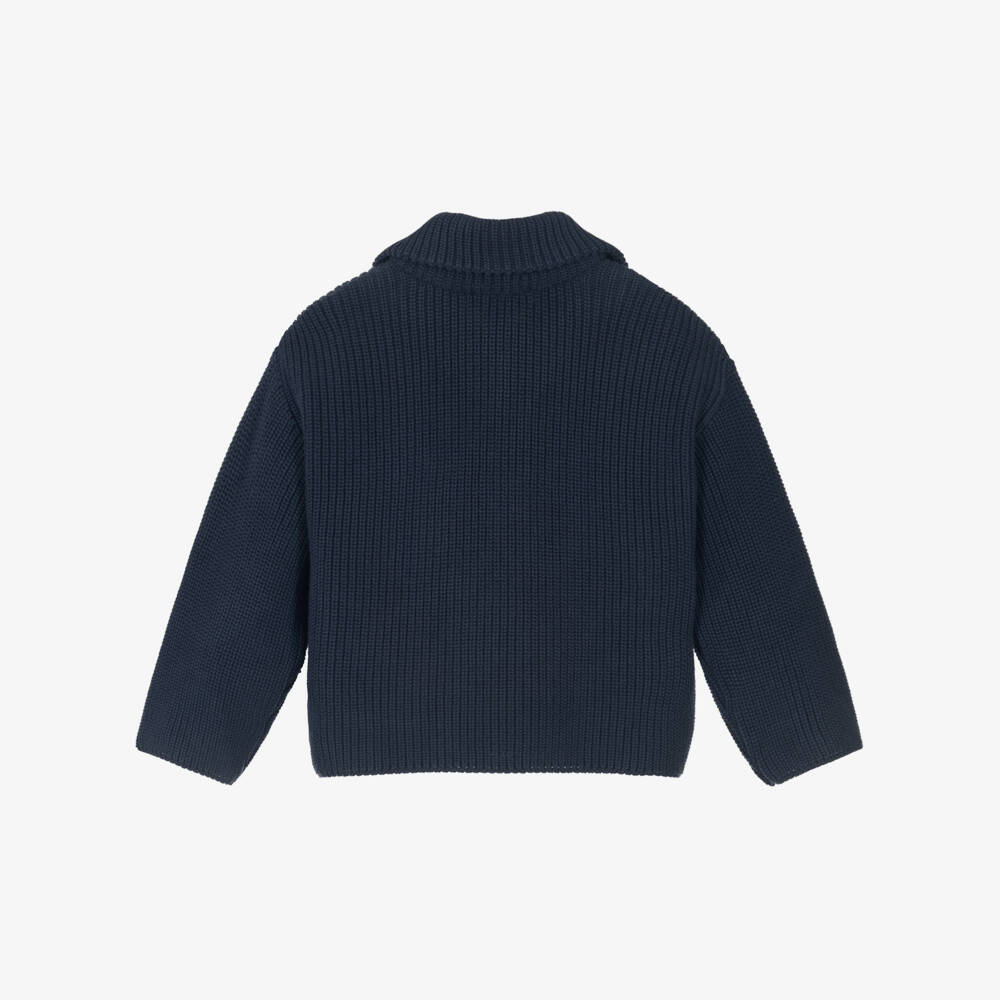 Mini Rodini-Boys Navy Blue Knit Quarter-Zip Sweater with Panda Badge | Childrensalon Outlet