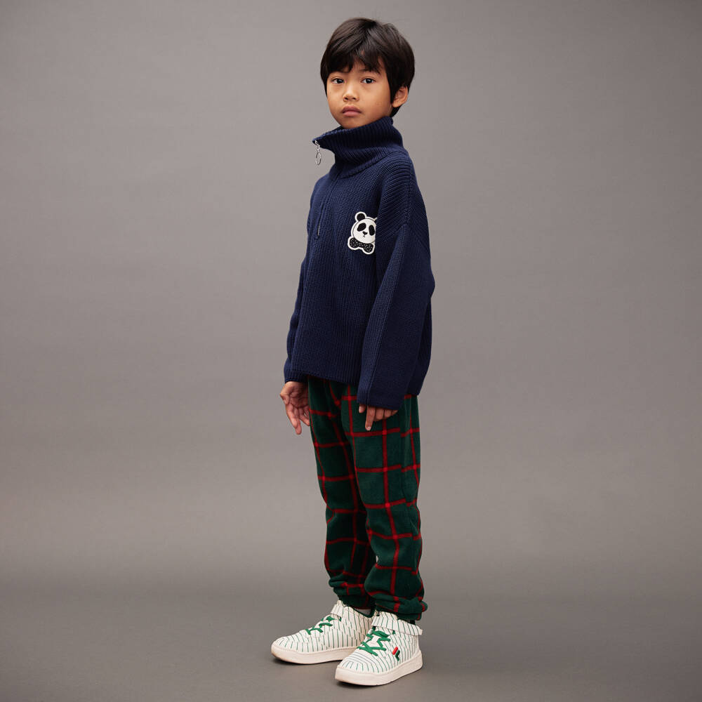 Mini Rodini-Boys Navy Blue Knit Quarter-Zip Sweater with Panda Badge | Childrensalon Outlet