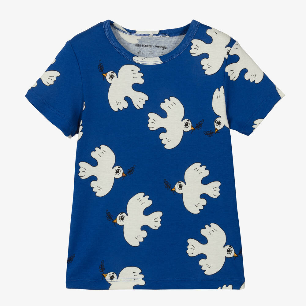 Mini Rodini - Синяя футболка из органического хлопка с голубями | Childrensalon