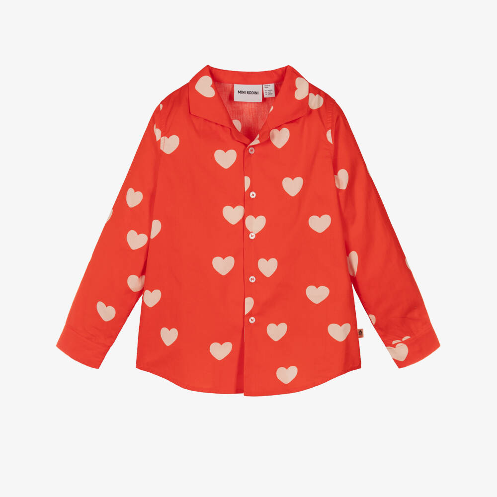 Mini Rodini-Bright Red Organic Cotton Shirt with Heart Print | Childrensalon Outlet