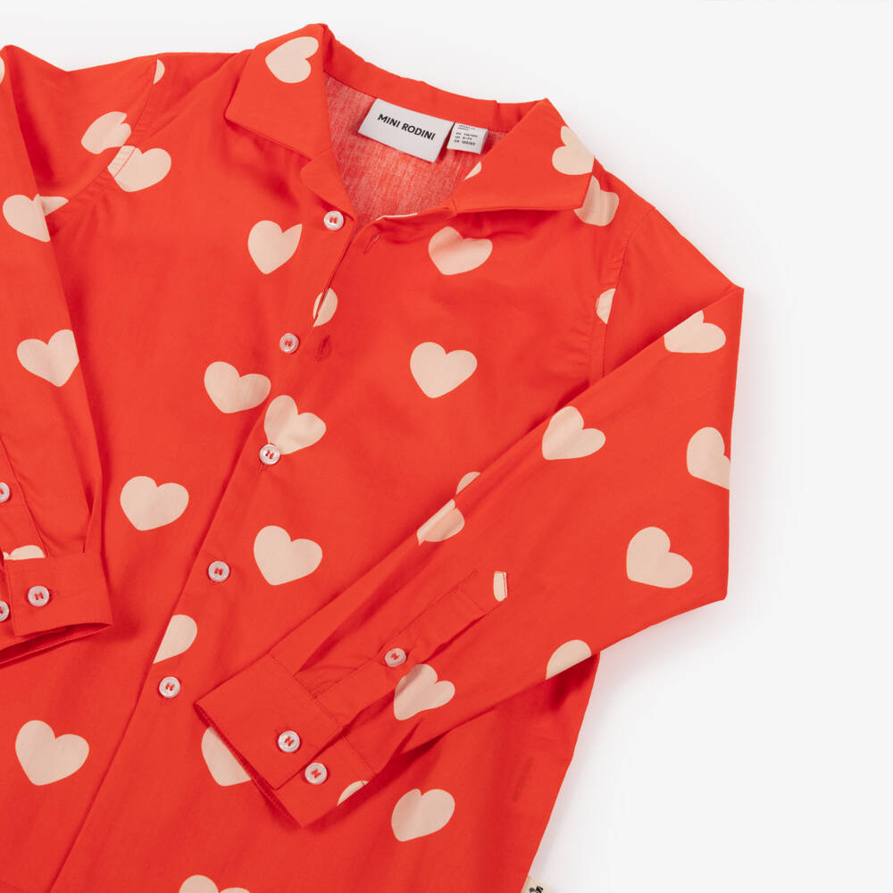 Mini Rodini-Bright Red Organic Cotton Shirt with Heart Print | Childrensalon Outlet