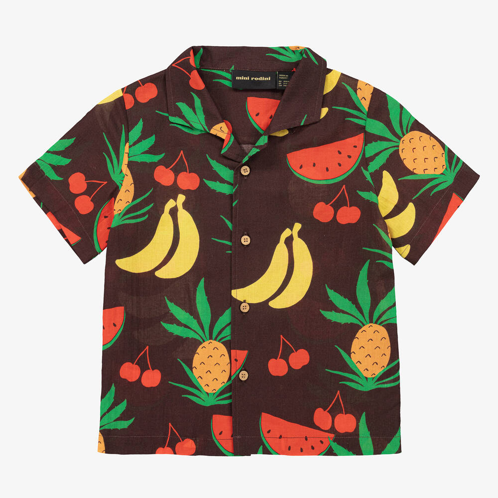 Mini Rodini - Brown Organic Cotton Fruit Print Shirt | Childrensalon