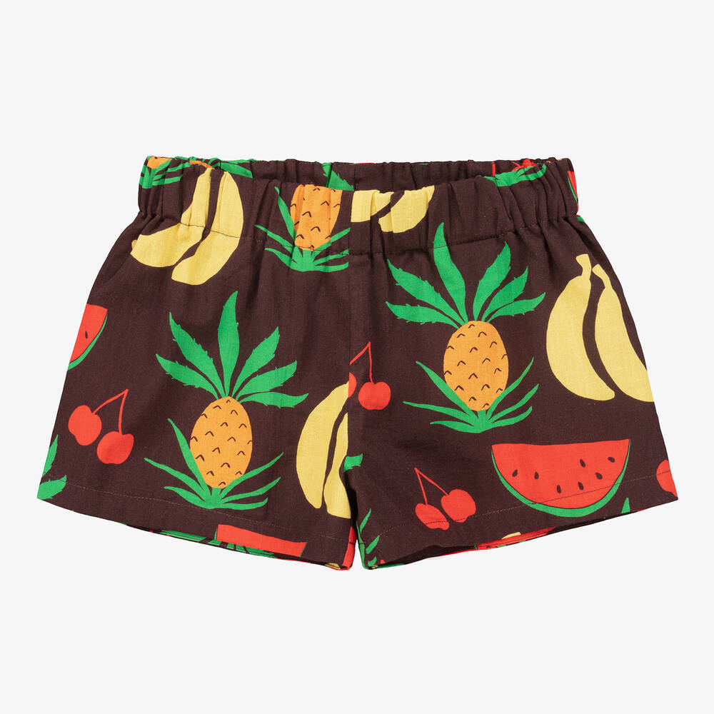 Mini Rodini - Brown Organic Cotton Fruit Print Shorts | Childrensalon