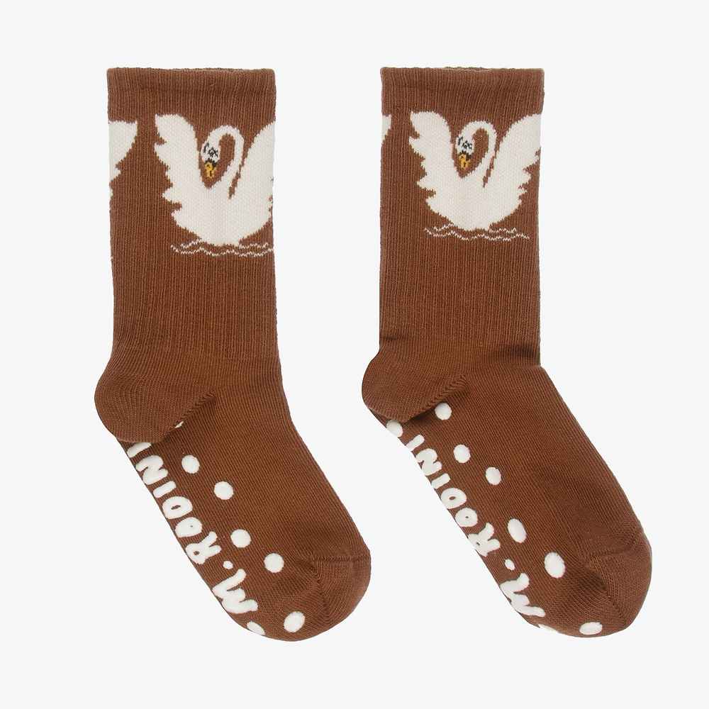 Mini Rodini - Chaussettes marron antidérapantes Cygne | Childrensalon