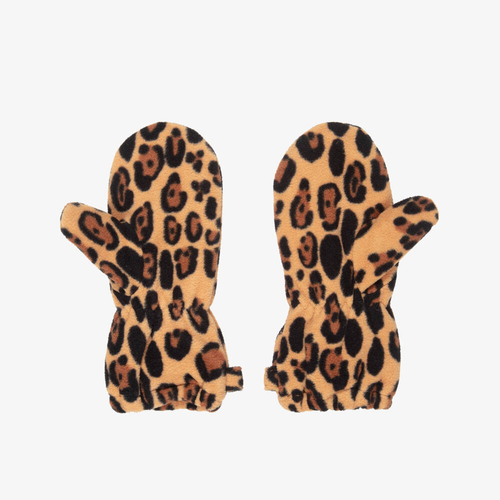 Mini Rodini-Girls Beige & Brown Leopard Print Fleece Mittens | Childrensalon Outlet