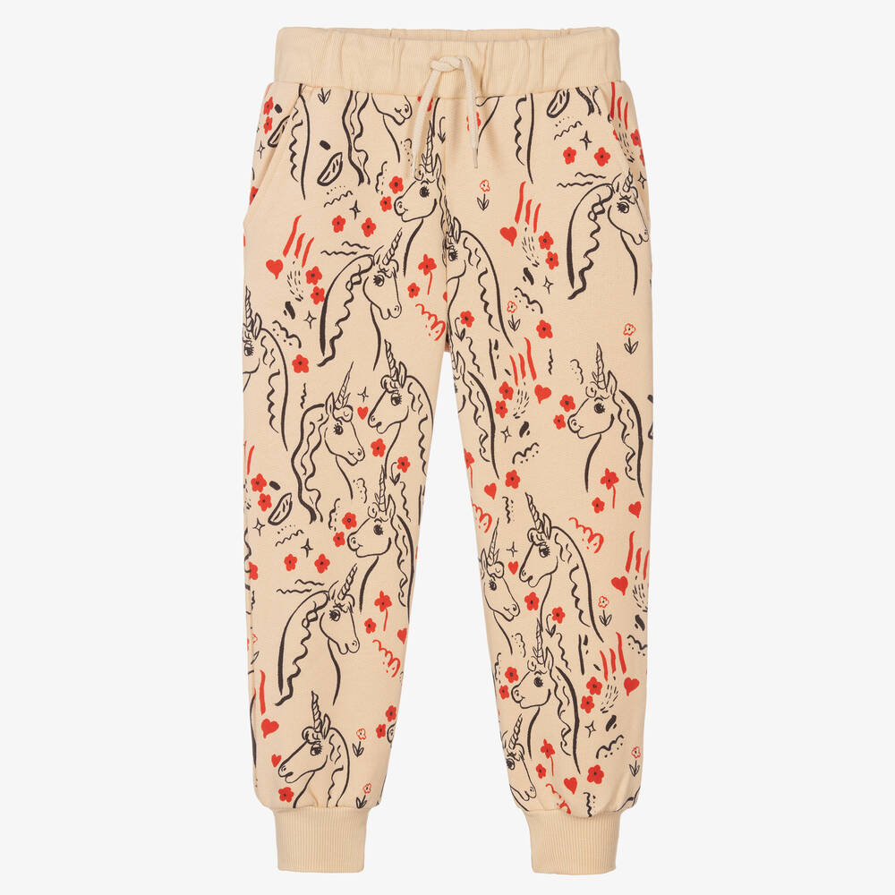 Mini Rodini - Girls Beige Cotton Unicorn Joggers | Childrensalon