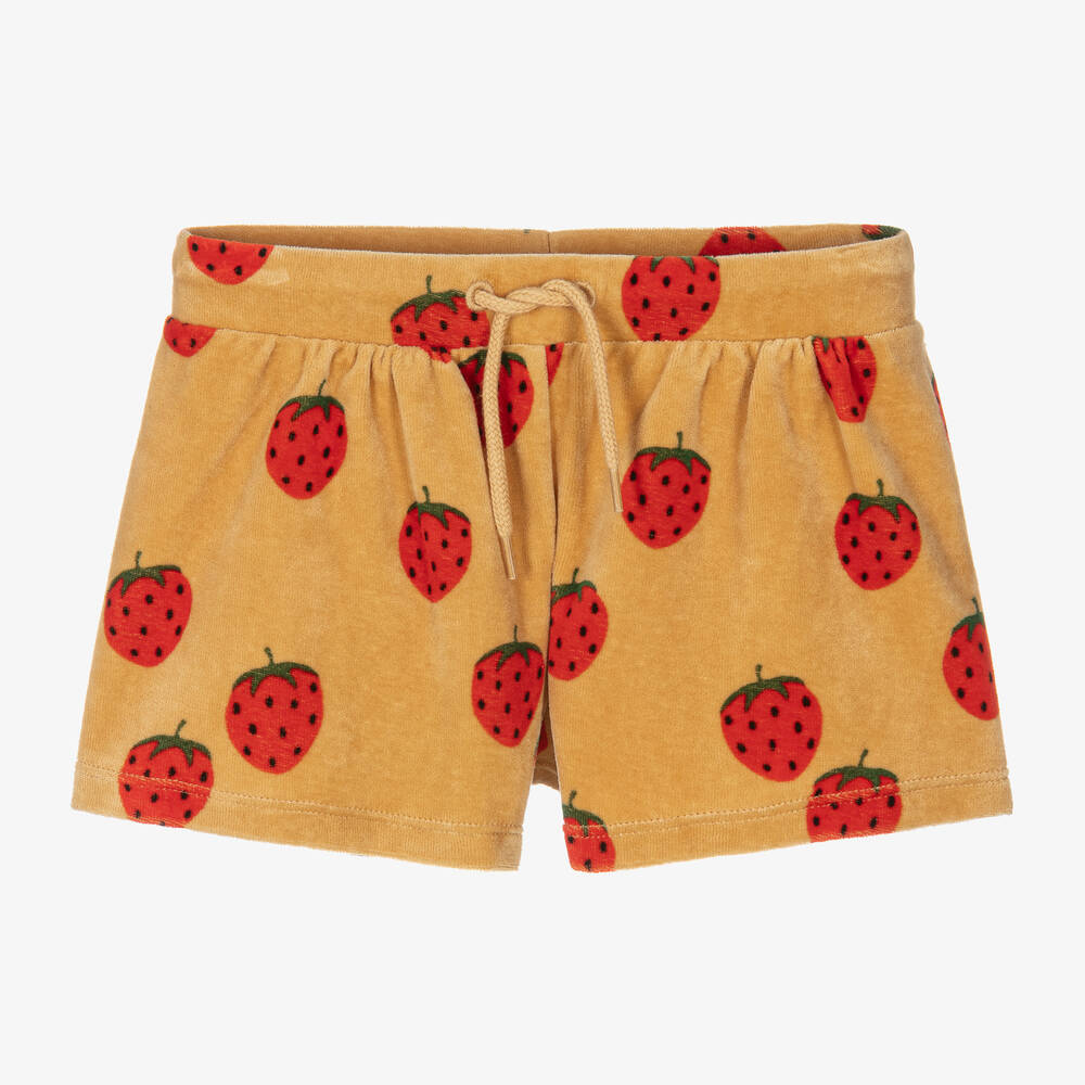 Mini Rodini - Girls Beige Velour Strawberry Shorts | Childrensalon