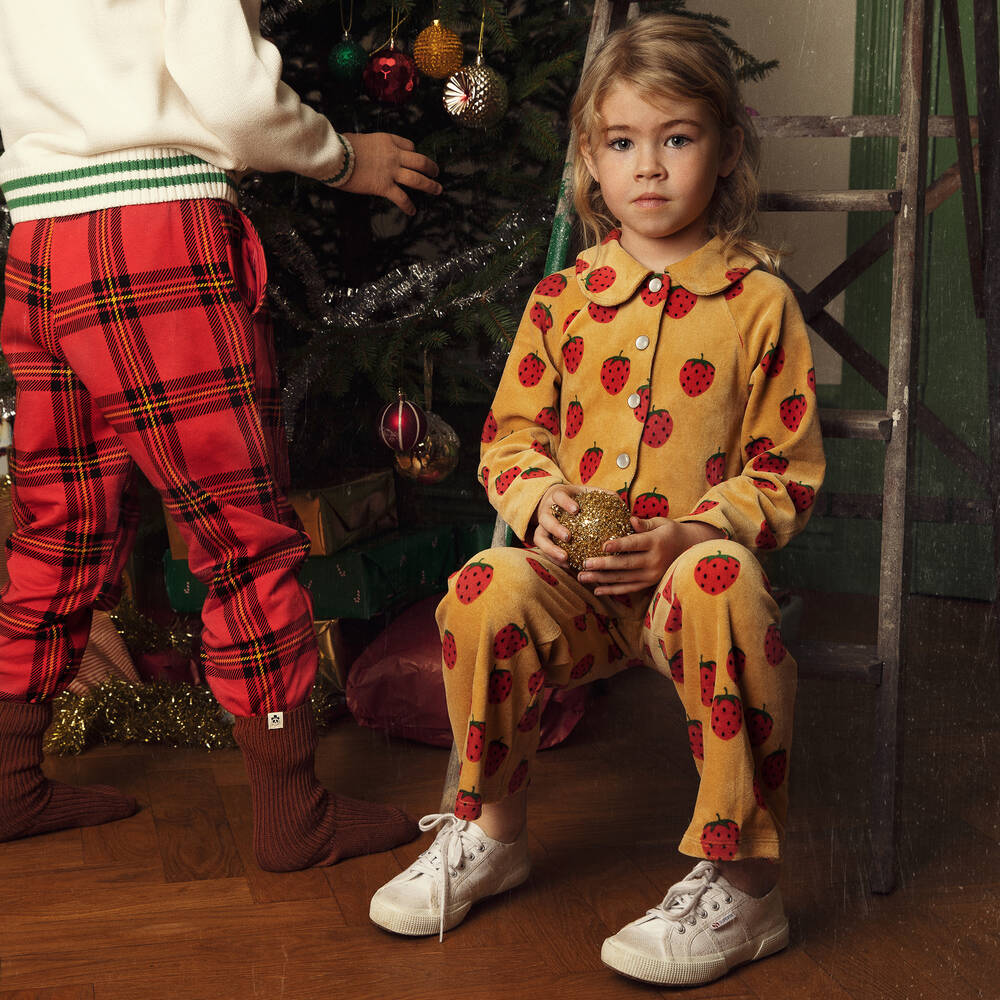 Mini Rodini-Girls Beige Velour Strawberry Trousers | Childrensalon Outlet