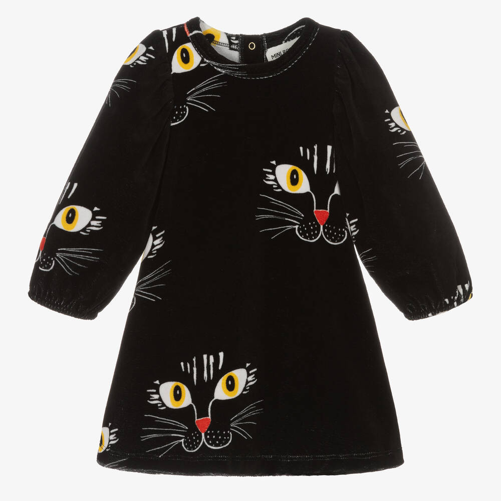 Mini Rodini - Baumwollvelours-Katzenkleid Schwarz | Childrensalon