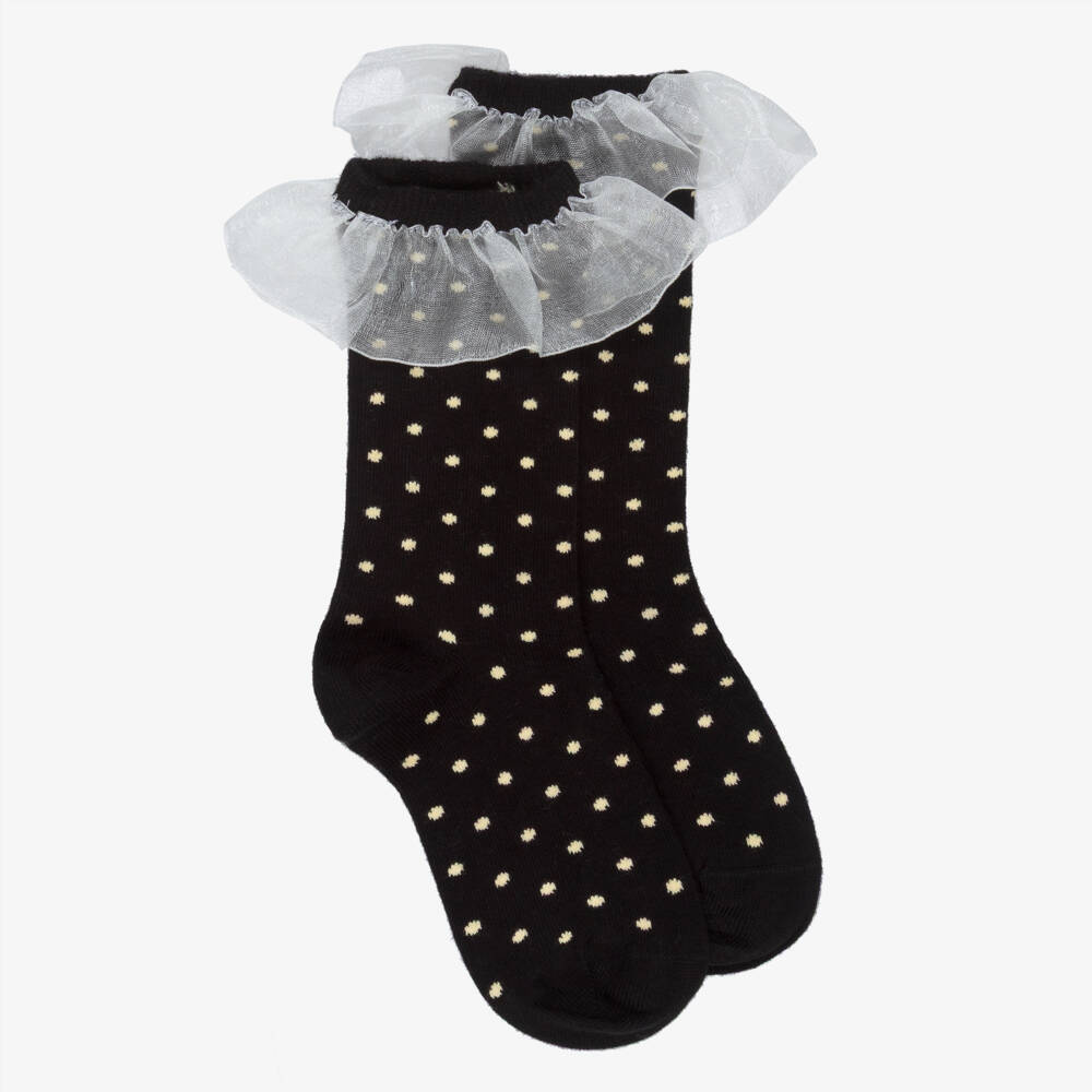 Mini Rodini-Girls Black & Ivory Polka Dot Knitted Socks with Frills | Childrensalon Outlet