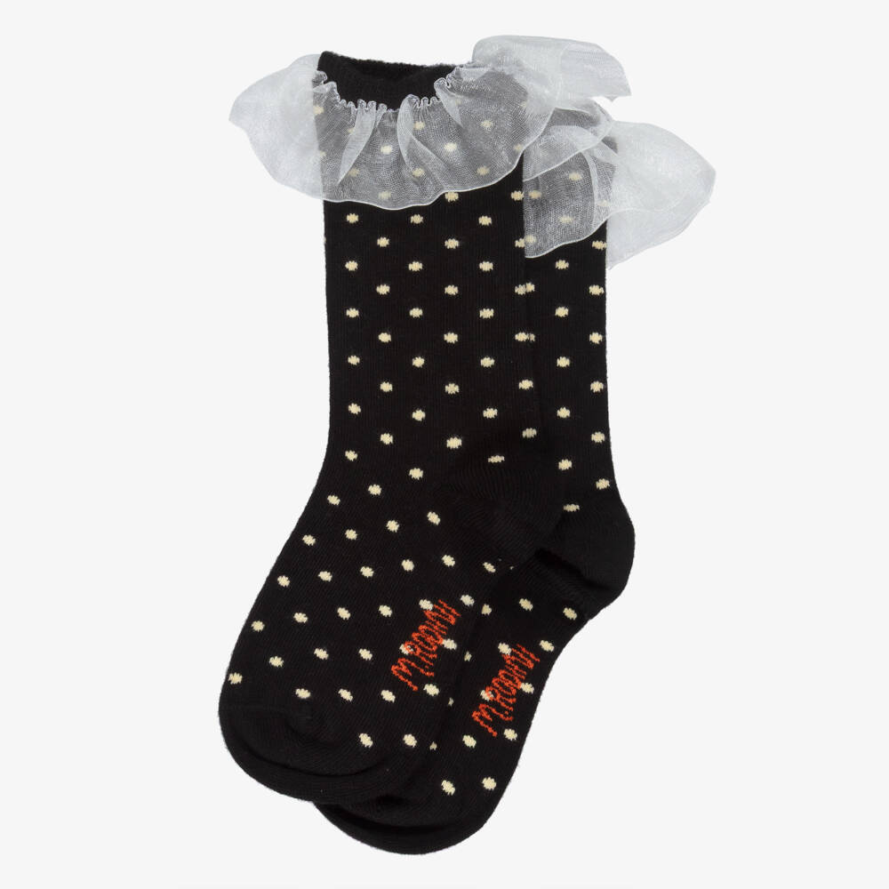 Mini Rodini-Girls Black & Ivory Polka Dot Knitted Socks with Frills | Childrensalon Outlet