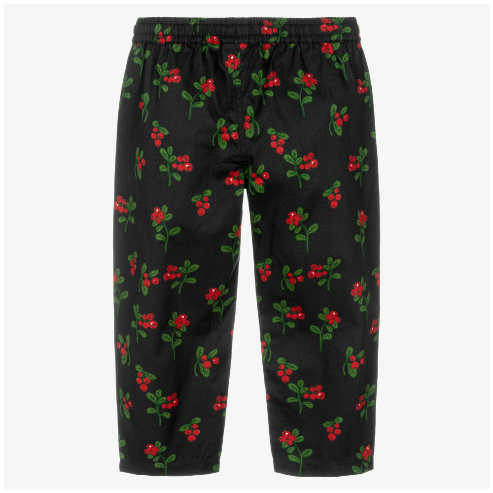 Mini Rodini-Girls Black Organic Cotton Trousers with Lingonberries Print | Childrensalon Outlet