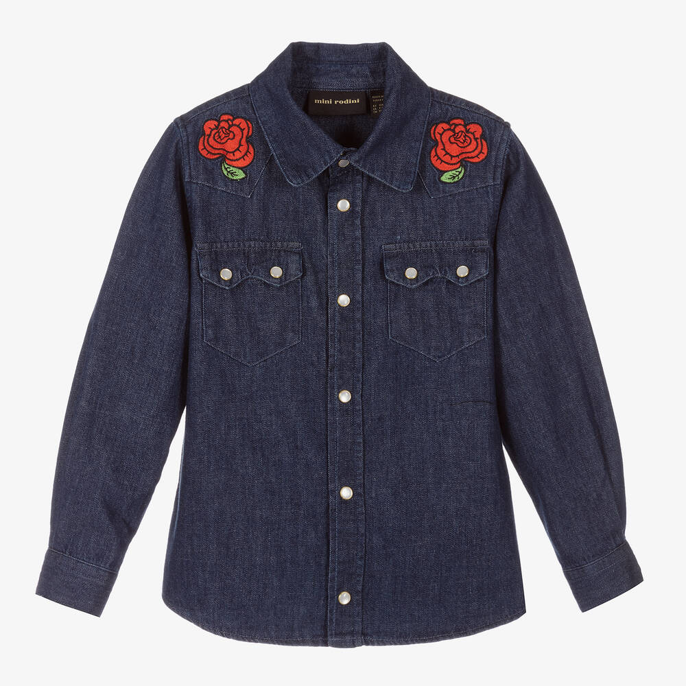 Mini Rodini - Girls Blue Cotton Denim Shirt | Childrensalon