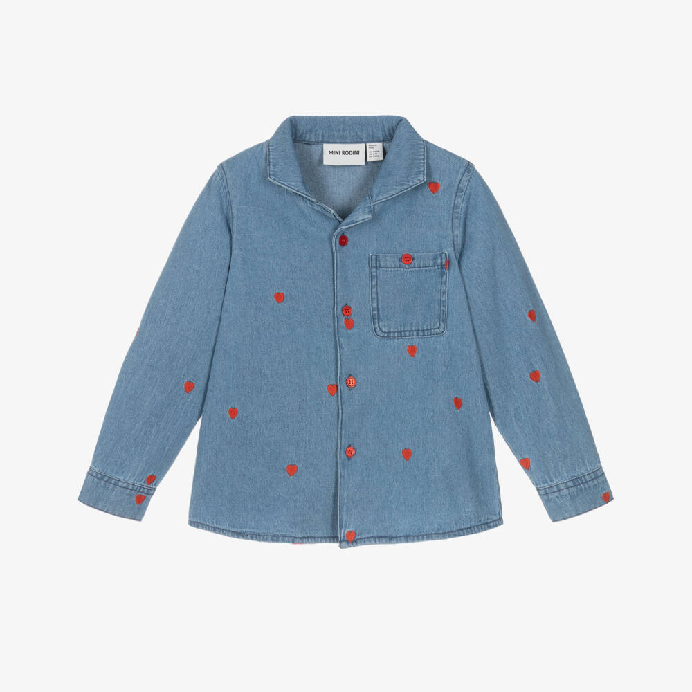 Mini Rodini-Рубашка из синего денима с сердечками для девочек | Childrensalon Outlet