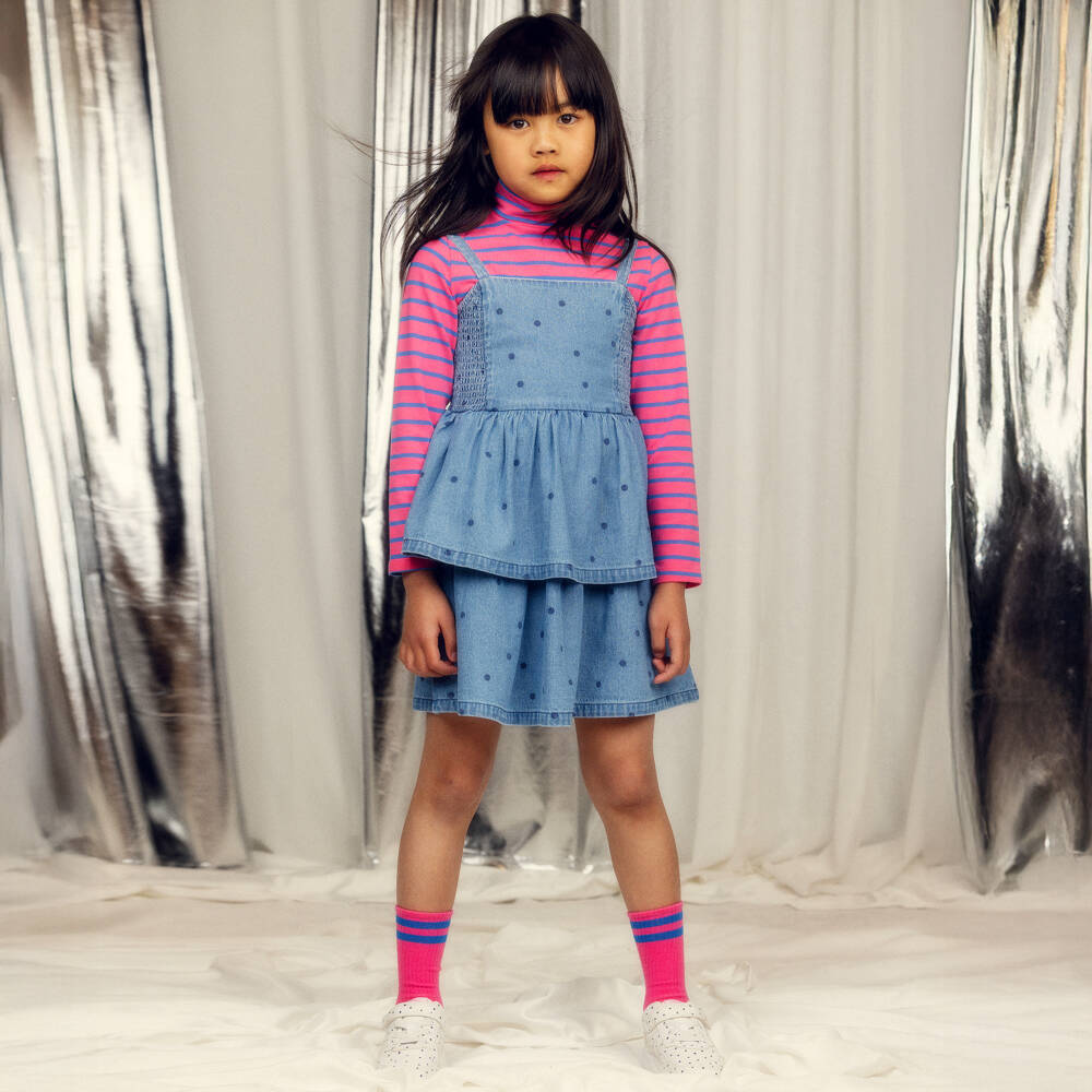 Mini Rodini-Girls Blue Denim Polka Dot Tiered Dress | Childrensalon Outlet