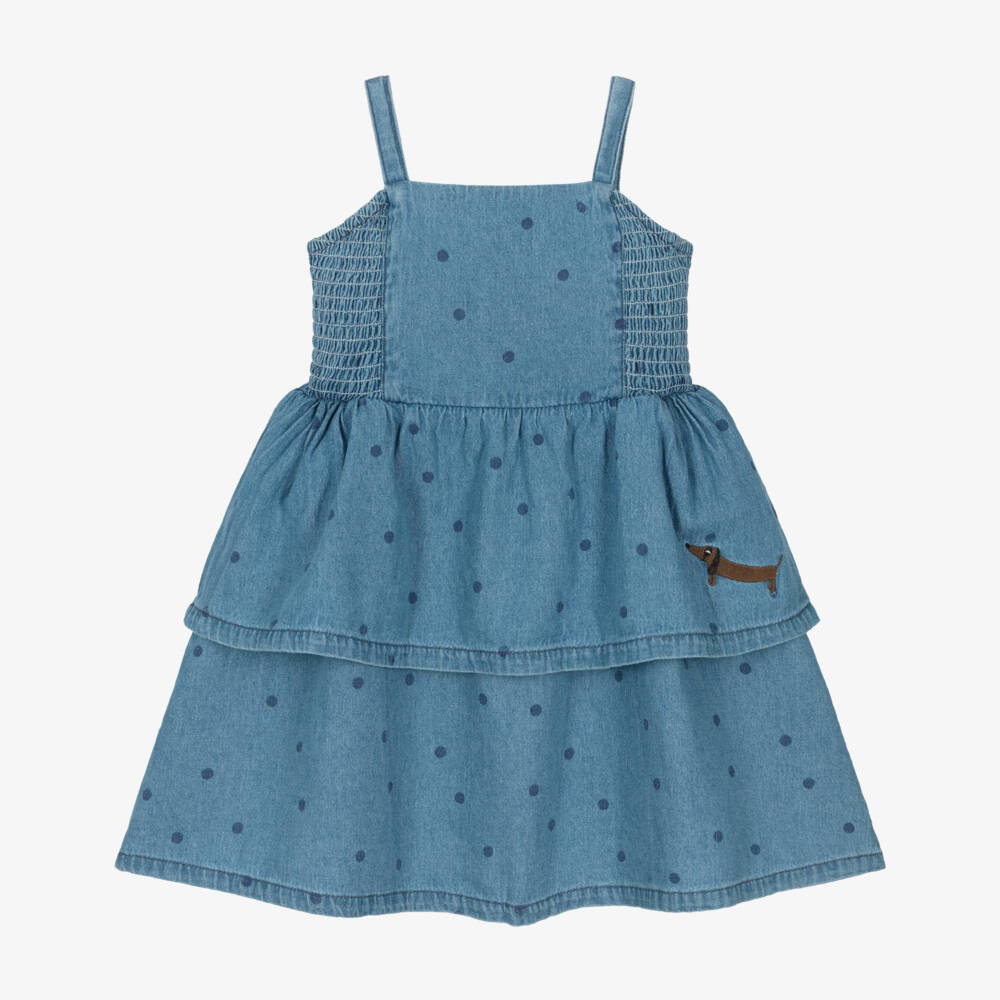 Mini Rodini-Girls Blue Denim Polka Dot Tiered Dress | Childrensalon Outlet