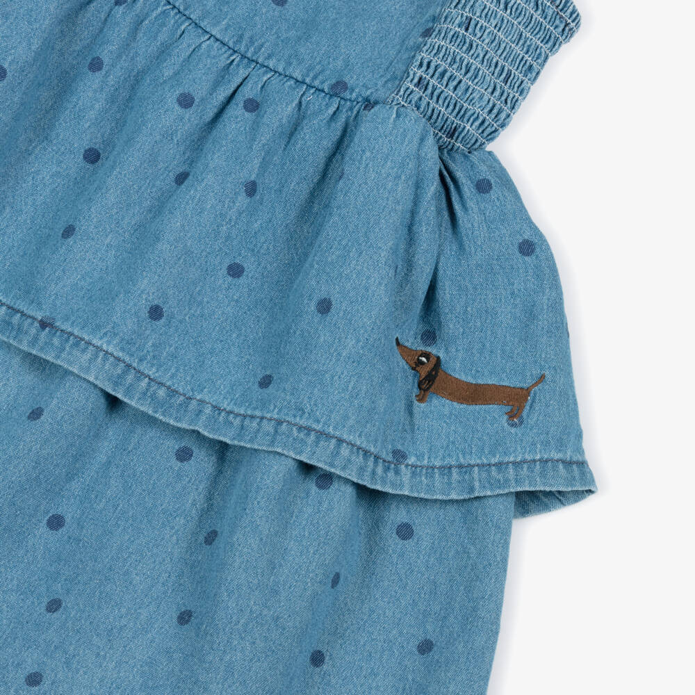 Mini Rodini-Girls Blue Denim Polka Dot Tiered Dress | Childrensalon Outlet