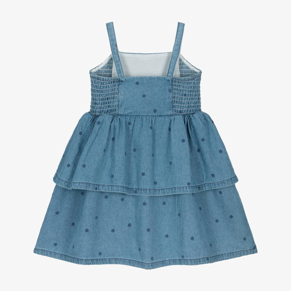 Mini Rodini-Girls Blue Denim Polka Dot Tiered Dress | Childrensalon Outlet