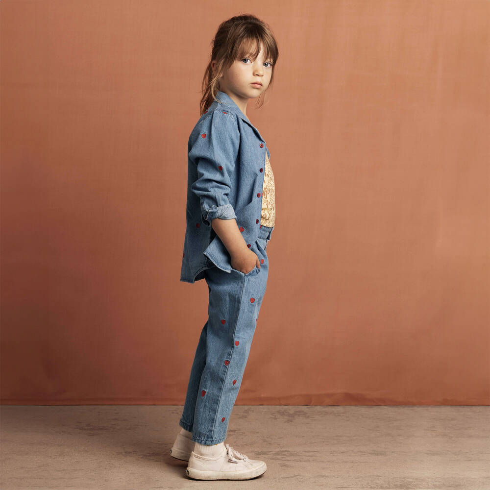 Mini Rodini-Girls Blue Denim Shirt with Red Embroidered Hearts | Childrensalon Outlet