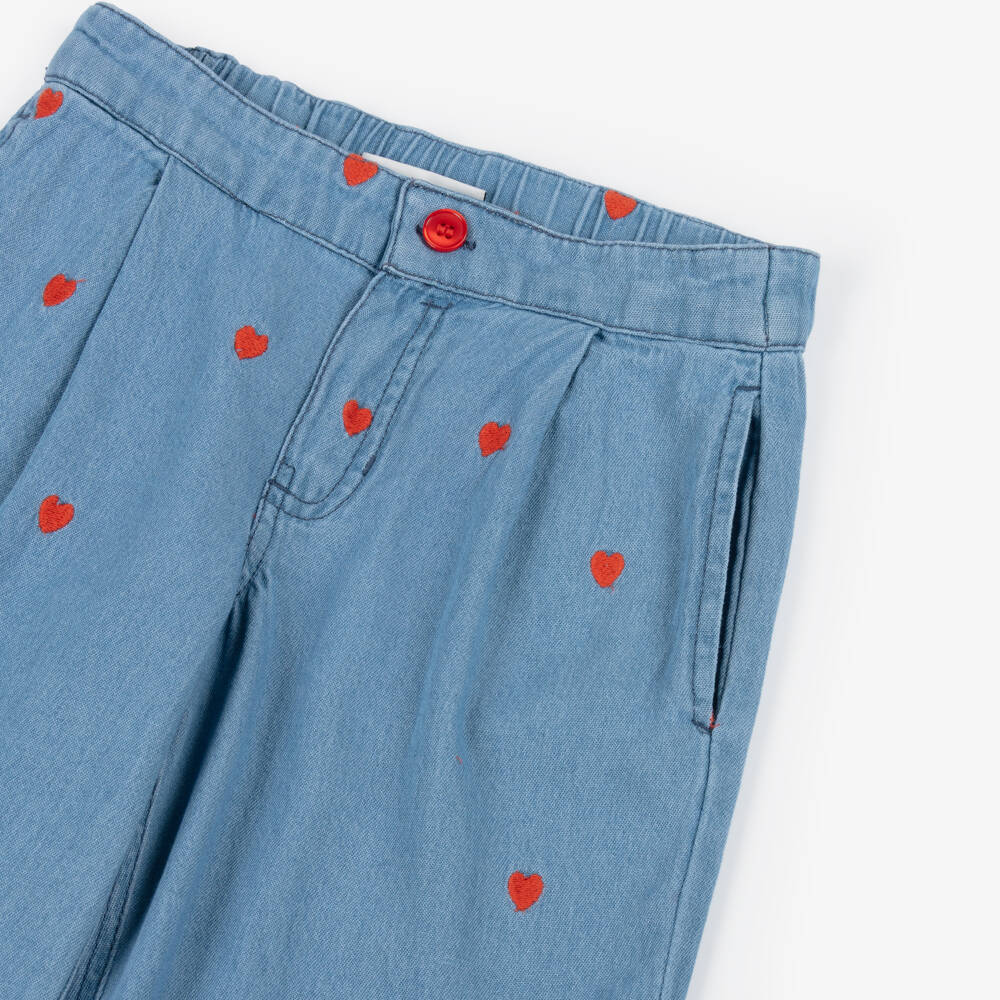 Mini Rodini-Girls Blue Denim Trousers with Red Embroidered Hearts | Childrensalon Outlet