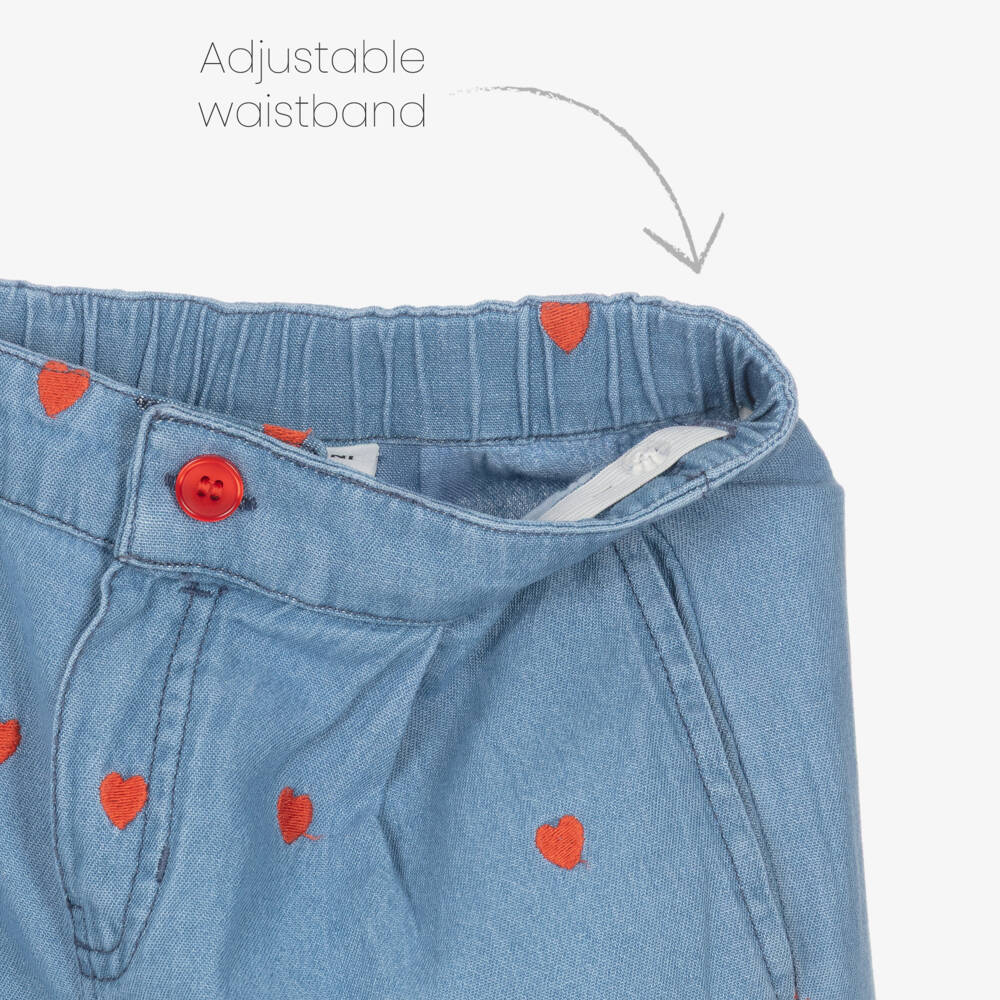 Mini Rodini-Girls Blue Denim Trousers with Red Embroidered Hearts | Childrensalon Outlet