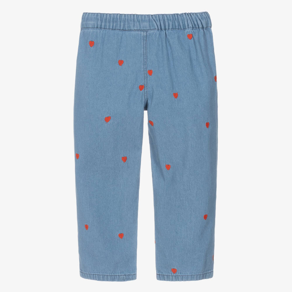 Mini Rodini-Girls Blue Denim Trousers with Red Embroidered Hearts | Childrensalon Outlet