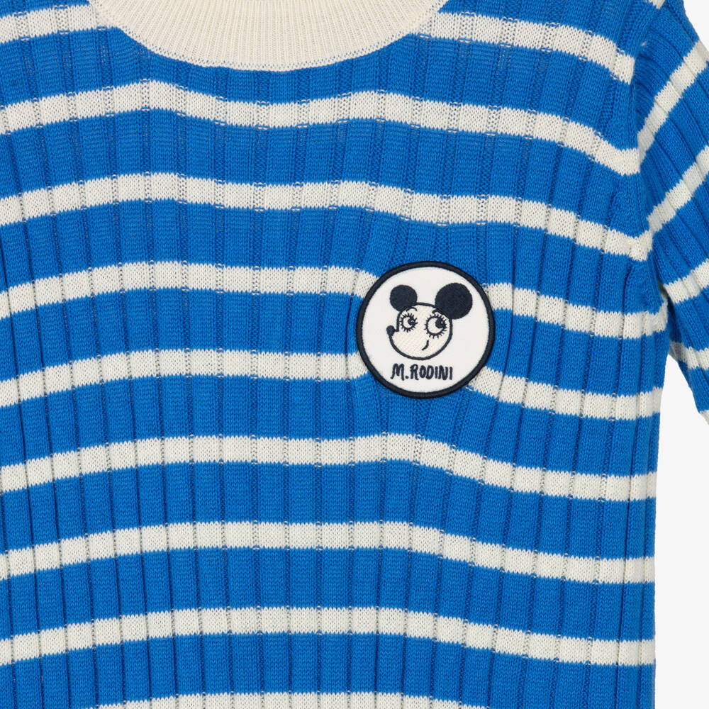 Mini Rodini-Girls Blue & Ivory Rib Knit Stripe Dress | Childrensalon Outlet