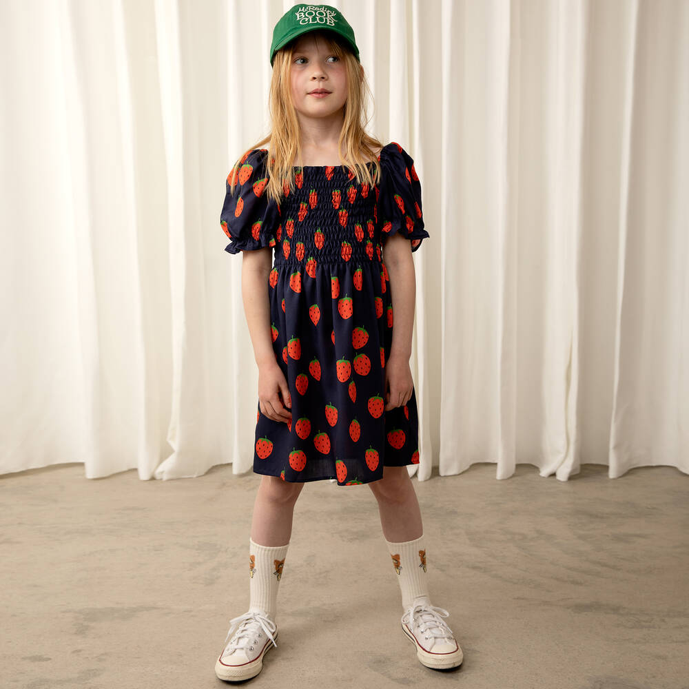 Mini Rodini-Синее платье из лиоцелла с клубникой | Childrensalon Outlet
